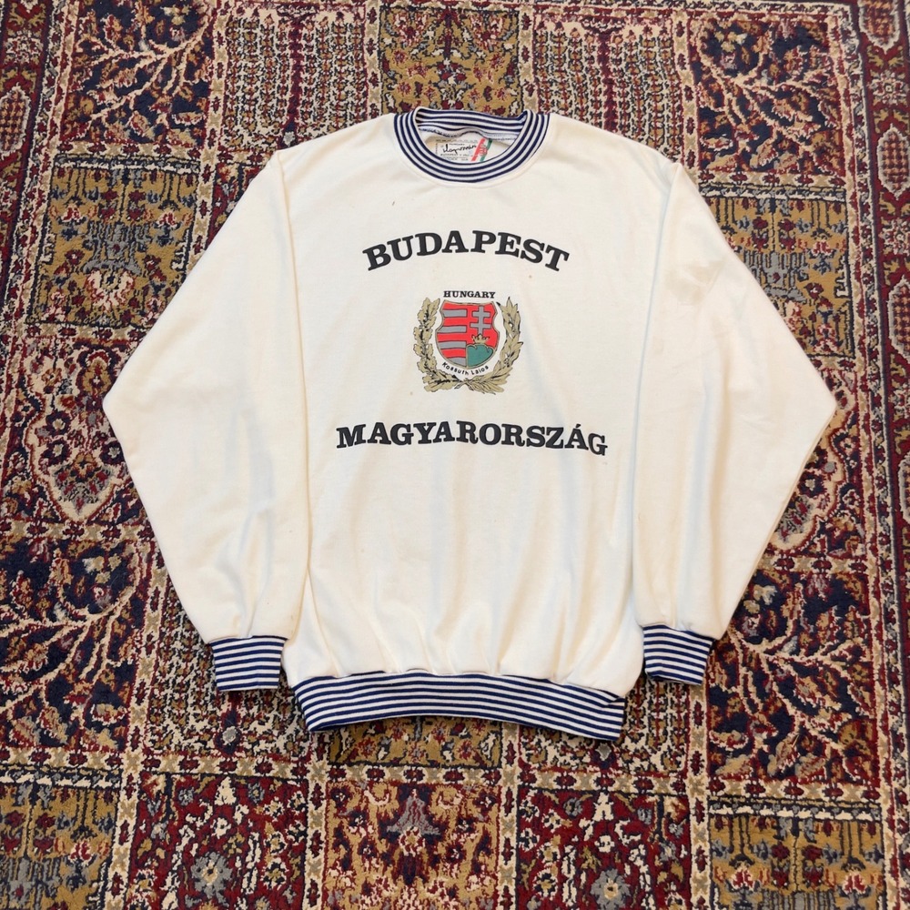 VTG 70s 80s Budapest Magyarorszag Hungary Crest Sweatshirt White Blue Striped L